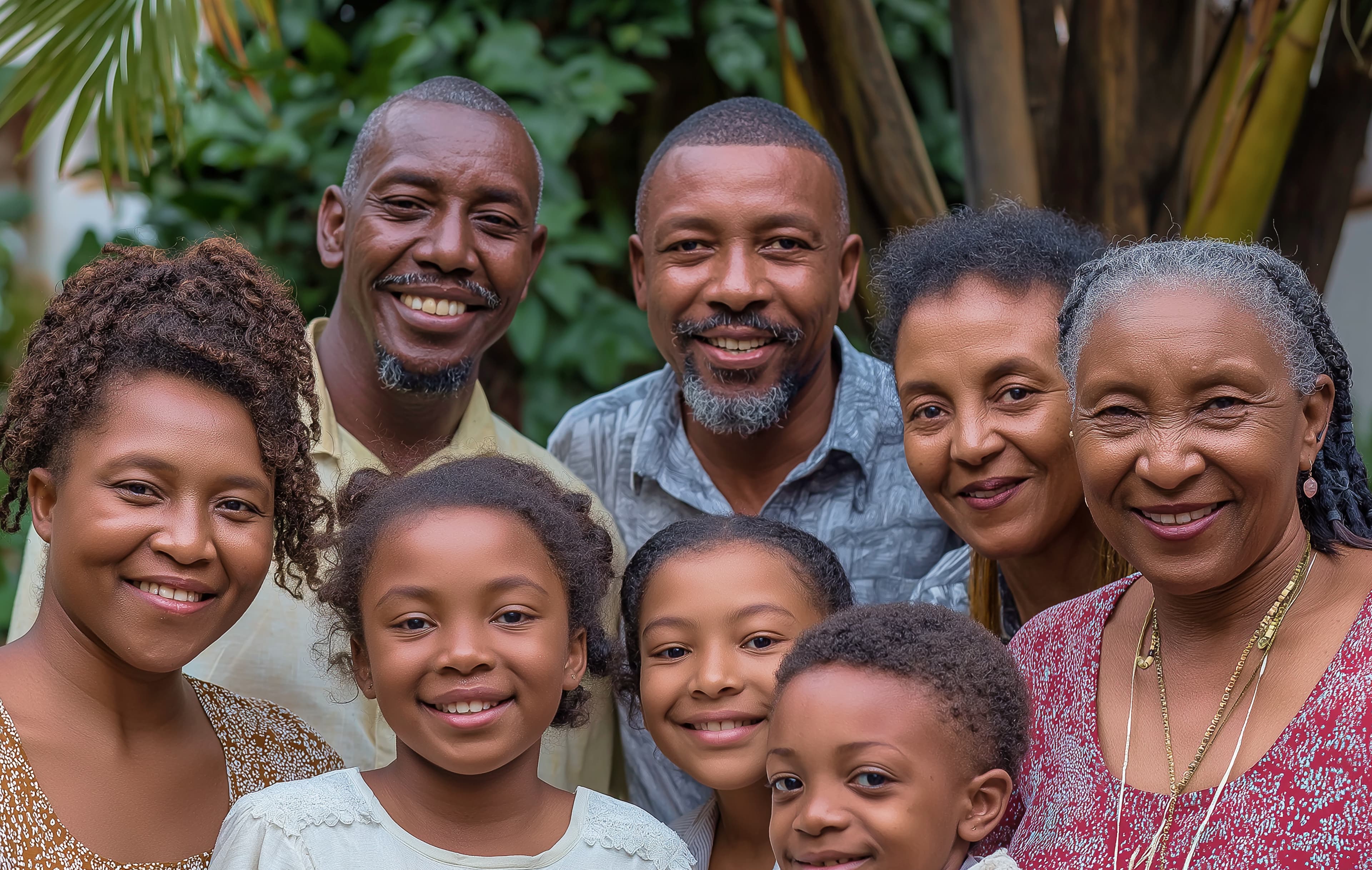 A multi-generational family smiling together outdoors